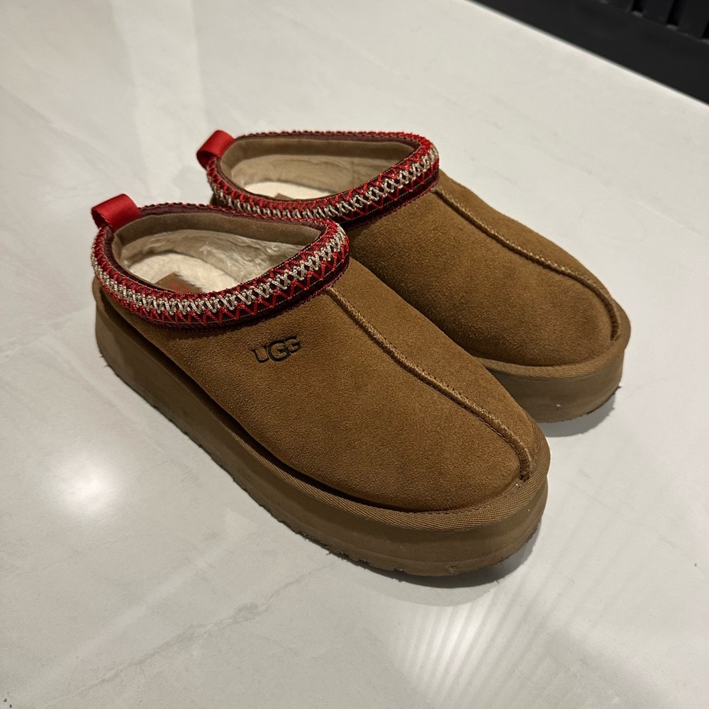 UGG Chestnut Brown Suede Slip-On Clog with Red Trim